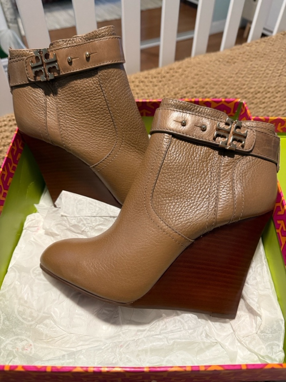 Tory Burch Tan Leather Elina Wedge Ankle Booties with Logo Strap